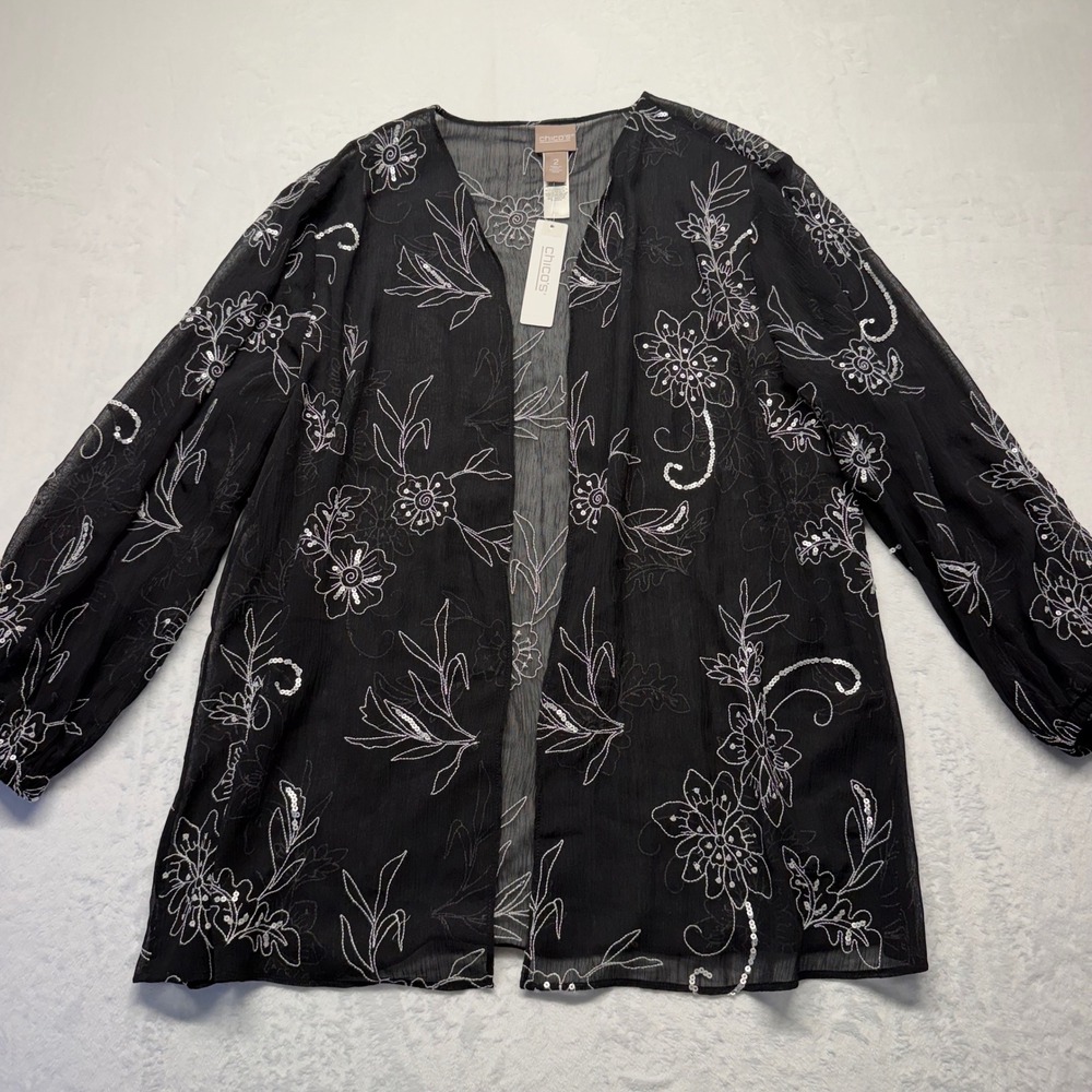 Chico's Jacket Embroidered Chiffon Puff Sleeve 2 Black Womens Sequin NWT
